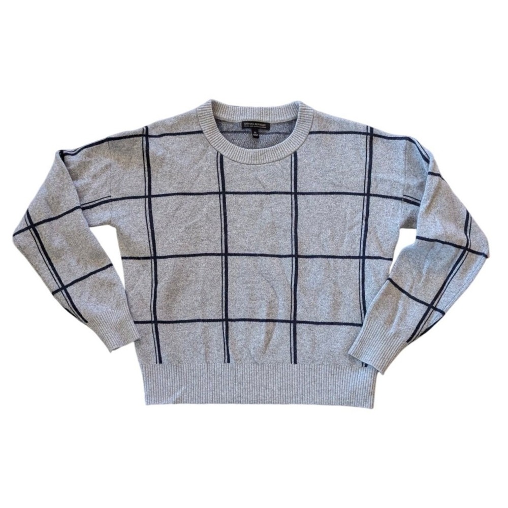 Banana Republic Sweater Womens M Grey Windowpane Plaid Wool Cashmere Crewneck